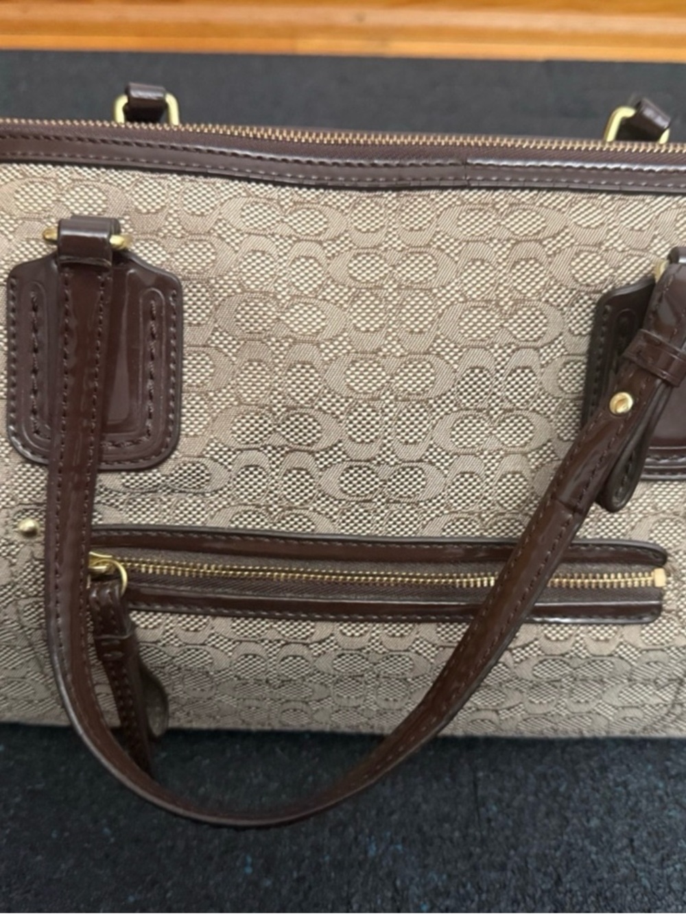 Coach Khaki Signature Satchel with Brown Leather Trim
